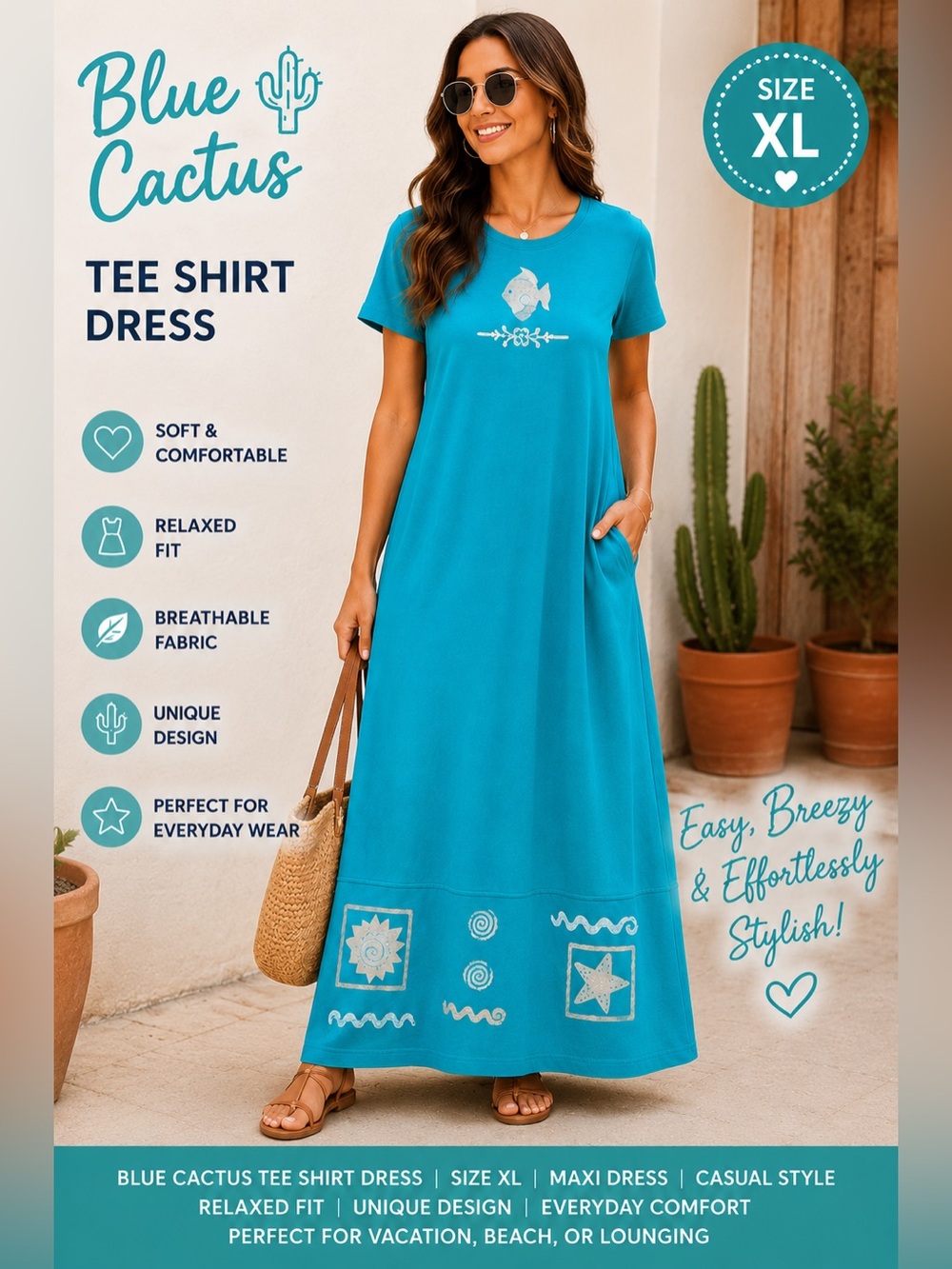 Blue Cactus Women's Teal Tee Shirt Maxi Dress